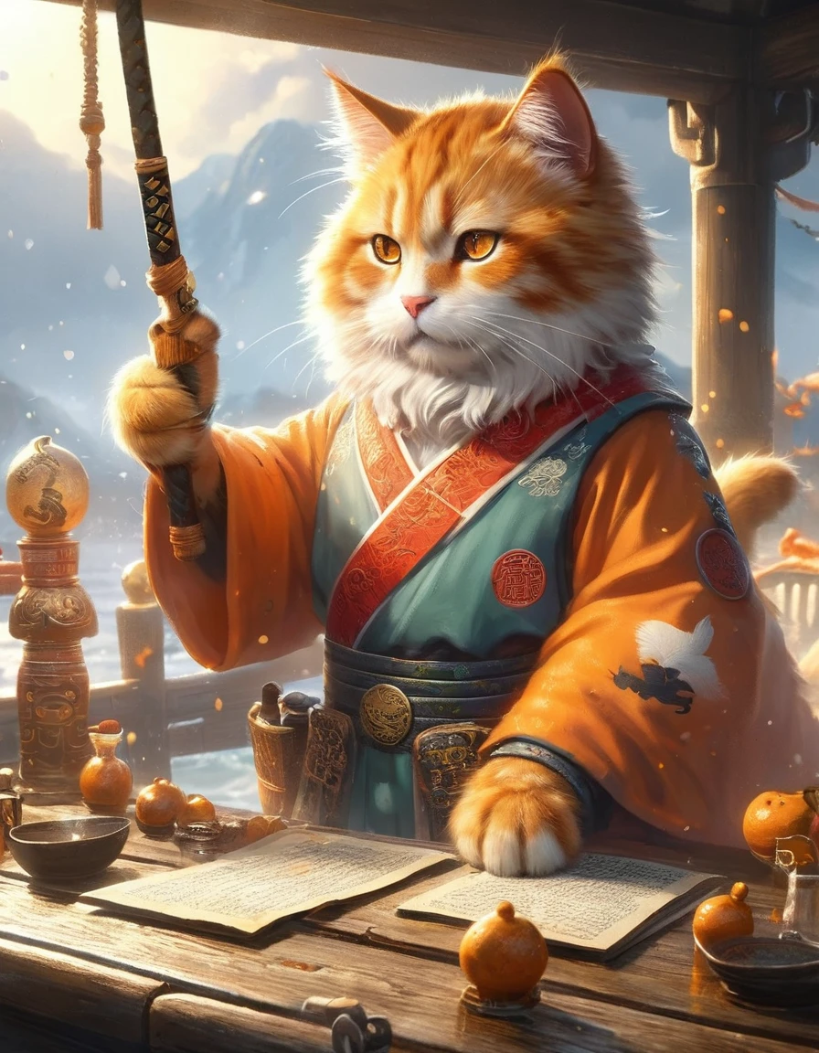 Chinese cat soldiers are sailing in bad weather and they are struggling. ,open mouth,shout,Three Kingdoms Orange Cat