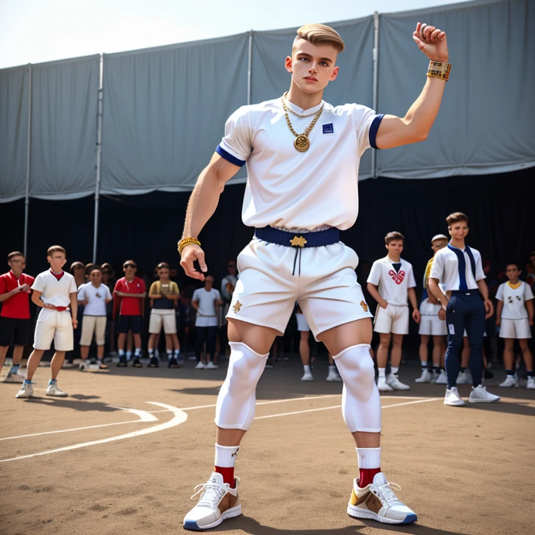 full body view, AR Cute young white european scoolboy with light-brown undercut haircut, in fencing clothes, white socks, hype fashion sneakers and lot of jewelery, at the school fest