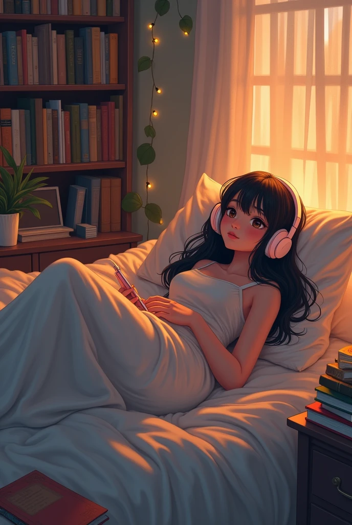 ((Lo-Fi drawing styles:1.5)), girl lying in her bed listening to music with headphones, books on the bed, soft light garland, ambiente agradable y quiet, soft and beautiful colors, magical, quiet, cozy