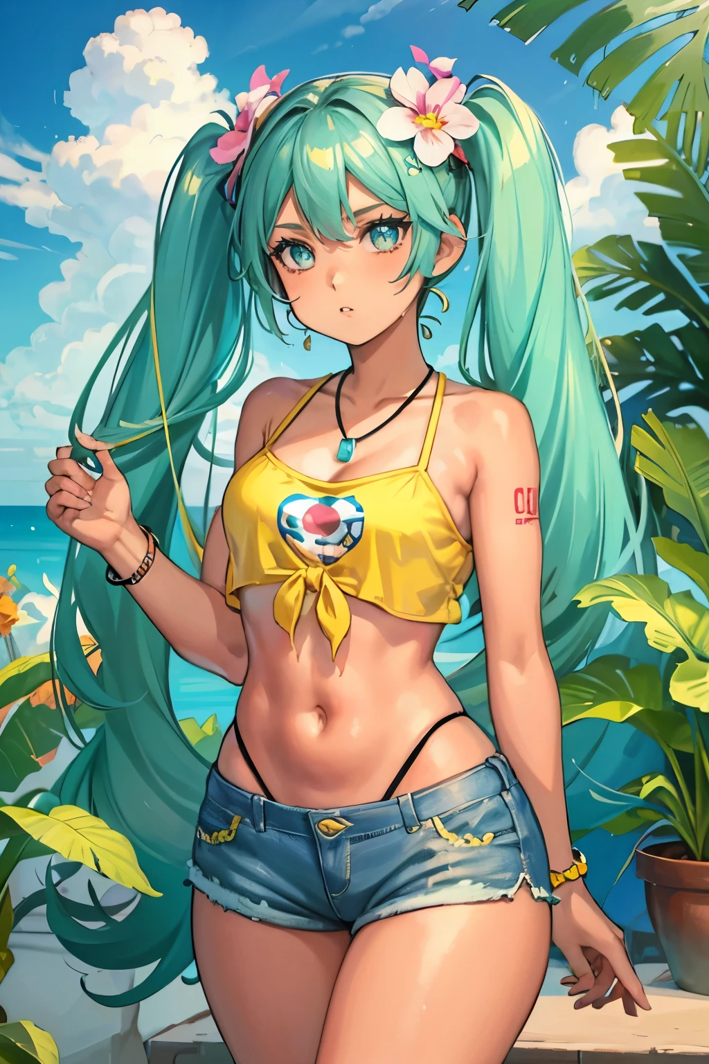 Cabelo azul, Hatsune Miku, pele bronzeada, marcas de biquíni, brmeek, twintails, very long hair, dark-skinned female, tanlines, hair flower, hoop earrings, eyewear on head, necklace, yellow shirt, midriff, jewelry, belly chain, bracelet, bikini under clothes, side-tie bikini bottom, short shorts, denim, brazilian flag print, single bare shoulder, side tie, tied shirt. rio de janeiro, Brazil, outdoor, holding tacacá, food