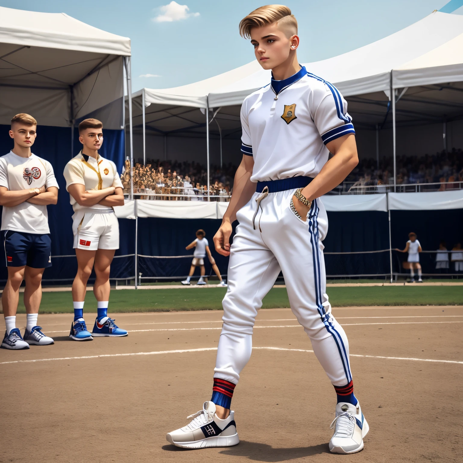 full body view, AR Cute young white european scoolboy with light-brown undercut haircut, in fencing clothes, white socks, hype fashion sneakers and lot of jewelery, at the school fest