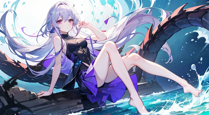(A girl in a glass sphere)、Bent leg position、Curled posture、Fantasy、Transparency、Light effects、Blue World、floating in water,floating long hair、 floating