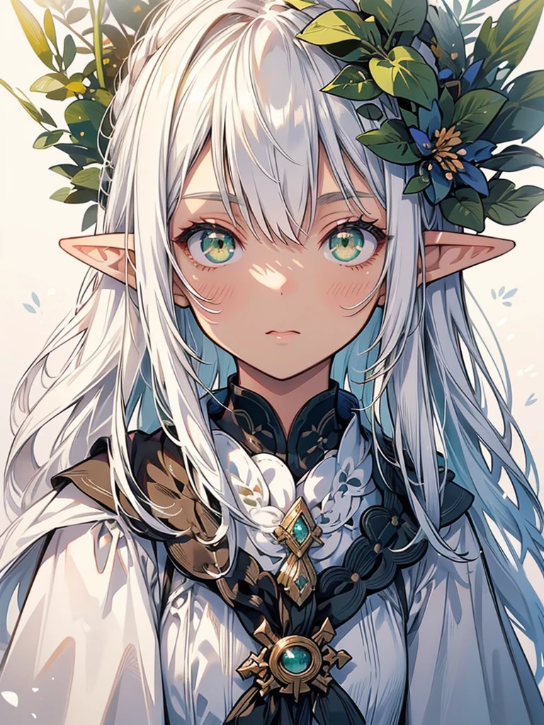 masterpiece, best quality, 1girl, ultra detailed, ultra highres, well-definded facial features, anatomically correct, cute girl, (dark tan skin), long pointy ears, elf, nice face, white hair, green eyes, monster hunter, thumb up,