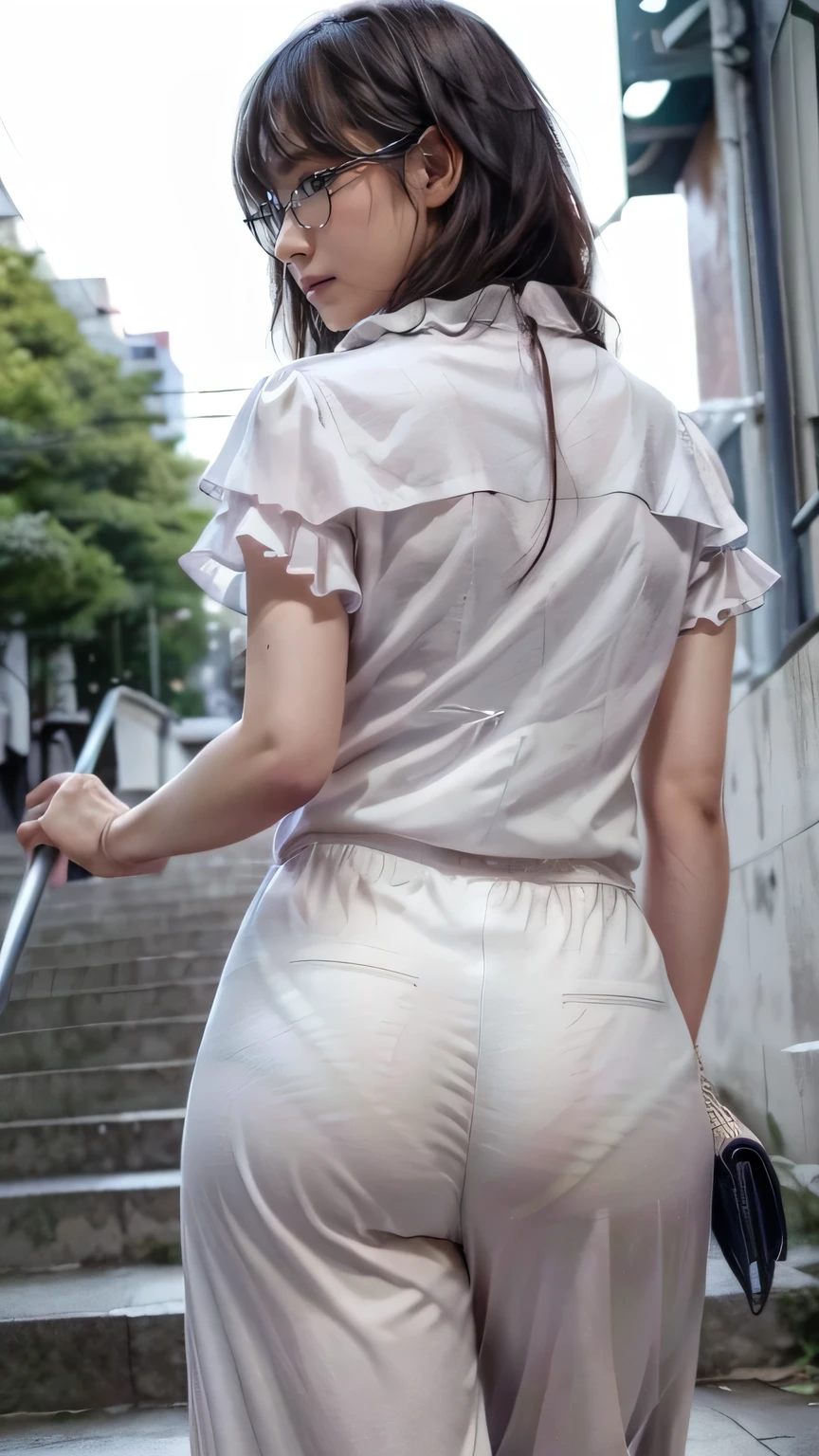 A woman in her twenties climbing the stairs１people、Glasses、p-line、(Realistic、Like a photograph、Live Action、8k, Realistic, RAW Photos, Best image quality: 1.4), Single-lens reflex camera、RAW Photos, Highest quality, Realistic, Highly detailed CG Unity 8k wallpaper, Written boundary depth, Cinematic Light, Lens flare, Ray Tracing, Realistic background、((ultra high density skin))、Ruffled blouse、Pink wide leg pants、Walking the streets of Tokyo、(The whole body is visible:1.38)、Shortcuts、View from behind