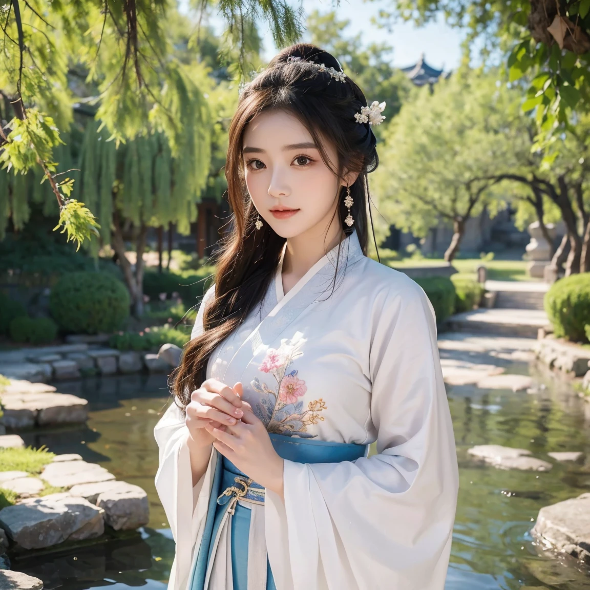 Superb Quality, Masterpiece, High Resolution, 1Girl, Blush, (Seductive Smile: 0.8), Star Pupil, Chinese Hanfu Lilac, Hair Accessories, Necklace, Jewelry, Beauty, on_body, Tyndall Effect, Realism, Lotus Pond, Light Edge, Two-tone Lighting, (High Detail Skin: 1.2), 8K UHD, DSLR, Soft Light, High Quality, Volume Lighting, Candid Photo, High Resolution, 4K, 8K, Background Bokeh