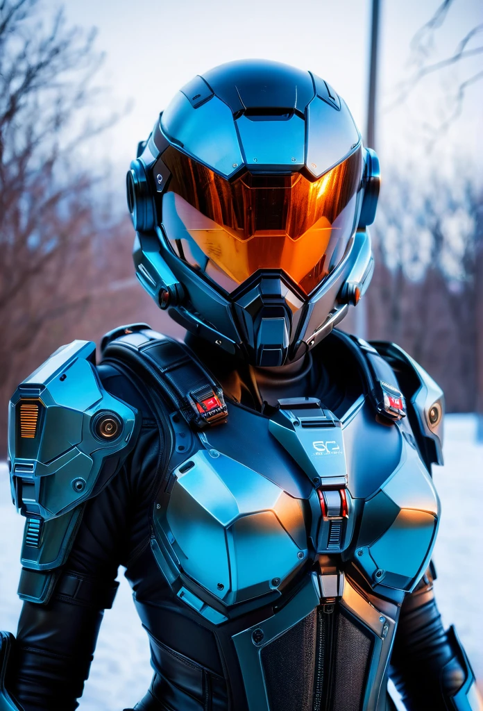 Realistic photo of a woman wearing a sci fi Battlesuit, sci fi full armor, cyberpunk stealth snow cyber armor futuristic superhero armor, techno suit,stealth suit, winter colors patter,fur collar, ,analog style, film grain, close up, 35mm,ultra high res, best shadow, RAW, instagram LUT