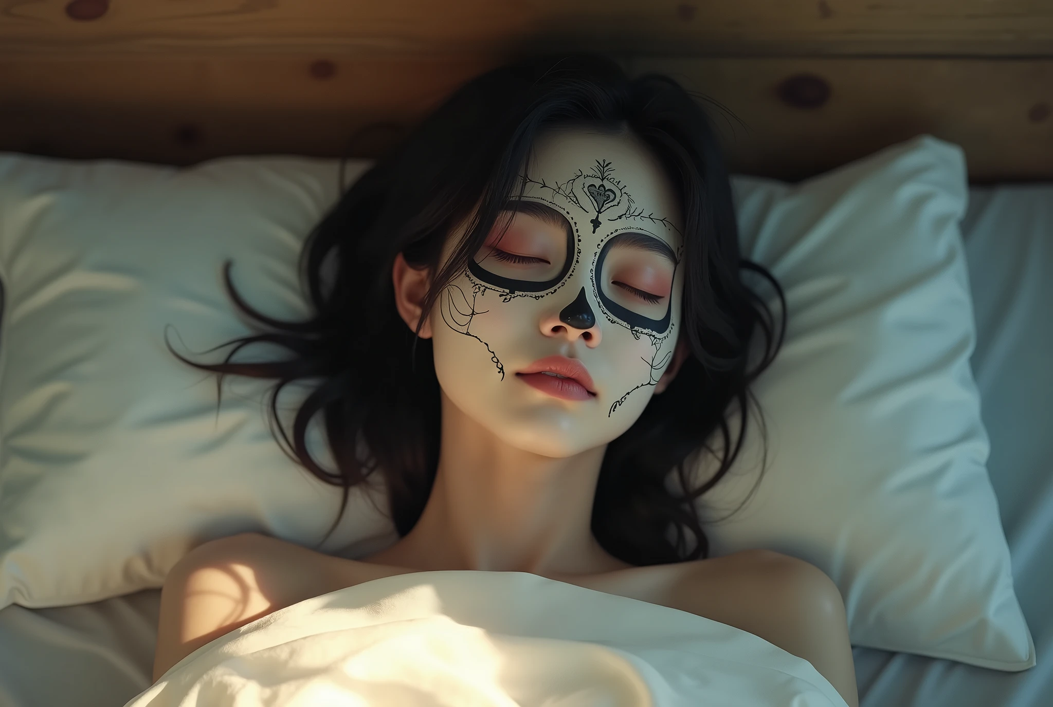 Araffe mujer con pelo negro y maquillaje blanco acostado en una cama, marcas en su cara, 1 7 - year - old goth girl, pale goth beauty, goth girl aesthetic, mirada aterradora, Wear gothic makeup, Cara de Ahegao, Goth makeup, goth girl, gothic aesthetic, gothic face, 1 7 - year - old anime goth girl