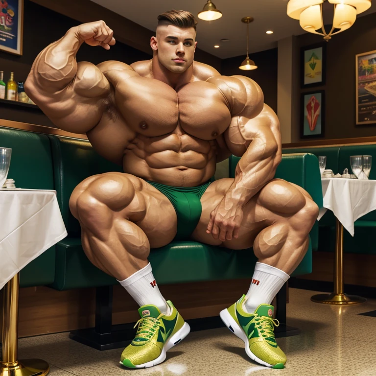 full view full body, A white queer gay bodybuilder male with undercut light-brown haircut, eating protein powder in bowl, is wearing a tight lycra dark-green shirt and dark-green lycra shorts, green lycra socks and white Nike air max trainers, flexing his over-Muscular arms showing off over-bloated triple biceps bigger than his head .he has enormous muscles and over-bloated pierced pecs with gold rings, over-inflated shoulders and back, sitting at a table in popular restaurant, socks , piercings and shoes must be seen
