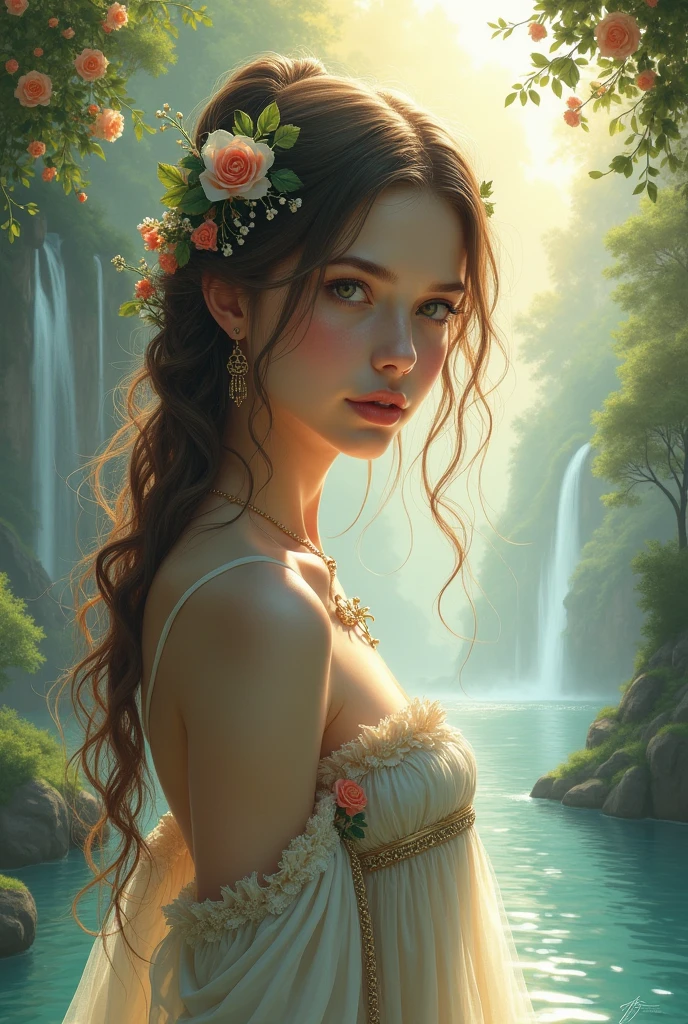 highres,ultra-detailed,professional painting,portrait,exquisite woman,beautiful detailed eyes,beautiful detailed lips,long flowing hair,serene expression,waterfall oasis,tropical rainforest,majestic,tranquil atmosphere,ethereal mist,glistening water droplets,cascading crystal waters,soft golden-hour illumination,vivid colors,natural beauty,harmonious blend of nature and human,sensual and graceful,peaceful and rejuvenating,refreshing shower experience,soothing sounds of rushing water,serenity and tranquility captured,perfect balance of light and shadow,relaxing and meditative scene,escape from the bustling world,moment of solitude and self-care,reverence for the power of nature