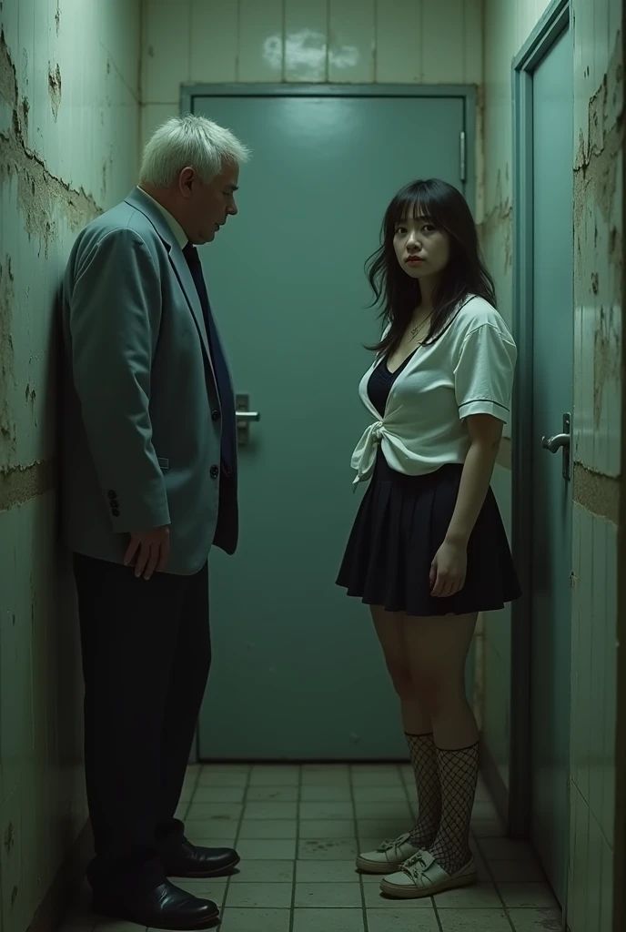 A shabby and worn-out public restroom).Korean woman.korean beauty.Korean model.South Korean girl groups. She is wearing a school uniform, a short and tight blue skirt, and black fishnet stockings that reach her thighs..
(Big hearted).(full body shot).(front shot).realistic.G-cup chest.
The pelvis is a supermodel. The shirt button is undone, revealing a black bra..Two high school girls sitting on the toilet.Screaming face.White lace panties are draped over the thighs at the knee level..
(A middle-aged man was filming a high school girl with a camera next to her.).