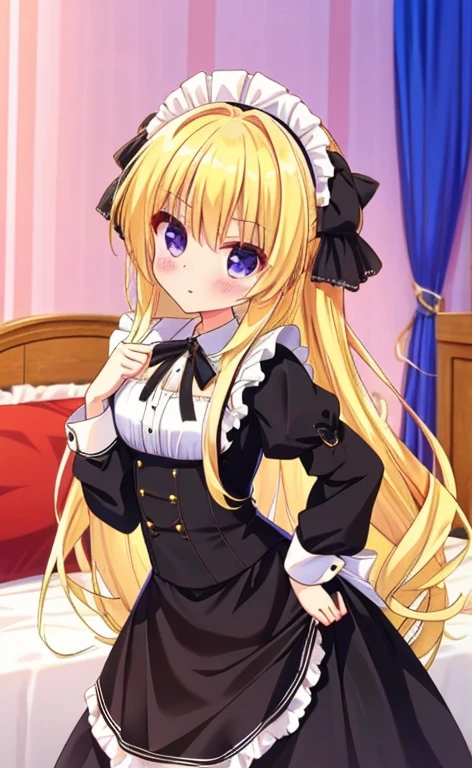 Beautiful long blonde　Girl in black maid outfit　Long skirt　Long sleeve　Place your left hand on your hip　Leaning forward　Look at the audience　Cowboy Shot　Hold up the index finger of your right hand　A serious face　Bedroom