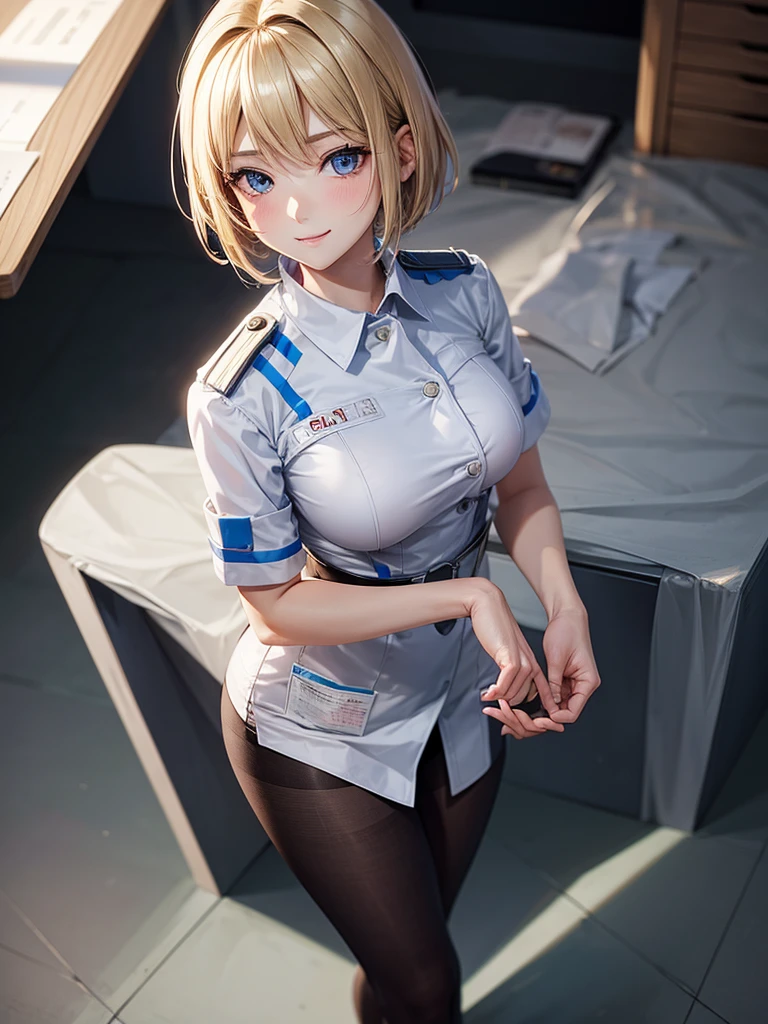 Anime style, super fine illustration, highly detailed, beautiful detailed, perfect detailed, super high quality image, static representation, gentle expression, happy expression, the pretty image, 8k, pretty 1girl with blonde straight short hair & blue eyes & a bright smile & full bust & soft fair skin is a female nurse not to show her skin wearing all white uniform & white tight skirt on the corridor of big general hospital, medical equipments, bed, solo, perfect fingers, no more fingers, no less fingers, perfect arms, no more arms, perfect legs, no more legs, masterpiece.