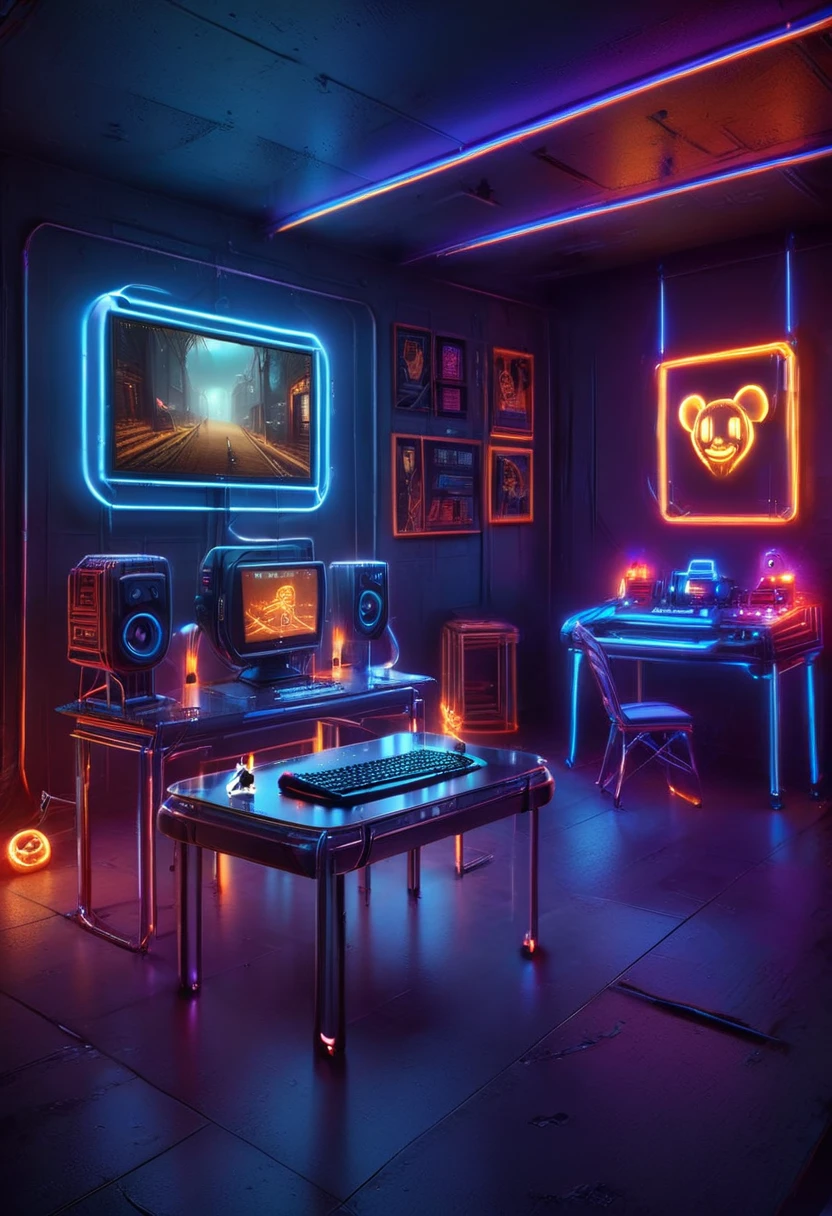 RAW photography format, photo taken with Canon EOS Rebel SL3 with EF-S 18-55mm Lens, 18mm lens, ultra high res.photorealistic:3.0, stunning details, HDR, hyperrealism, front angle, 2,000K temperature
Teenager's gamer's room, dark gray walls, orange neon lights under the table where there are 3 large computer screens with games, console, illuminated keyboard, illuminated mouse. Tomb Raider poster on the wall, bed with very cozy duvet, several pillows on the bed, CPU accessed with galaxy colors, light shag carpet, track lighting on the ceiling, whimsical mood, mysterious atmosphere, side shelf with orange background lighting, wiring