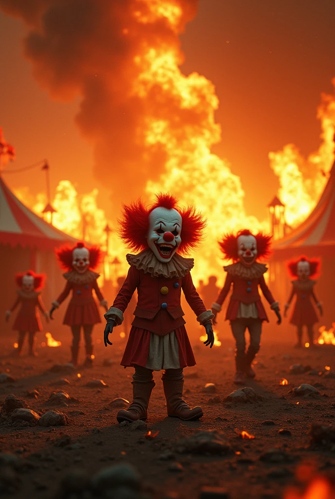 rose_leslie, <lora:RoseLeslieXL:1>, long hair, looking at viewer, blonde hair, evil clown, wearing clown jacket, clown nose, coming out of fire, sourrounded by flames, smoke, glowing sparks, (dynamic pose, evil smile, colorful, explosion, eplosive dust, ash particles, ((sharp face, detailed face, realistic face, naturtal skin, realistic skin, detailed skin, pores)), ((perfect eyes, detailed eyes,realistic eyes))