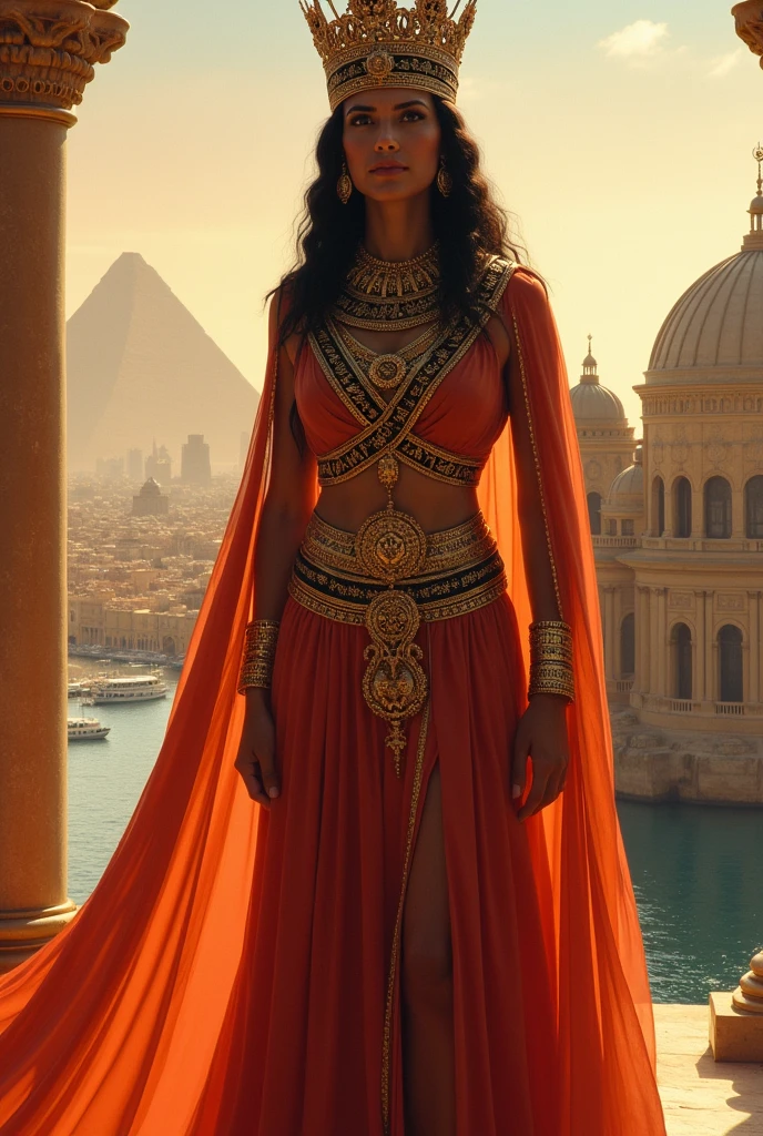 uma mulher com cabelos ruivos e um colar em um cartaz, deusa antiga, antigo, Rainha ruiva em armadura vermelha pesada, guerreiro antigo, tribo antiga, antigo, mas futurista, Ancient times, antiga", cinematic goddess close shot, cinematic goddess shot, Cinematic Goddess Body Shot, Estilo romano antigo, grego antigo, vestido com terno antigo, ancient ruins behind her