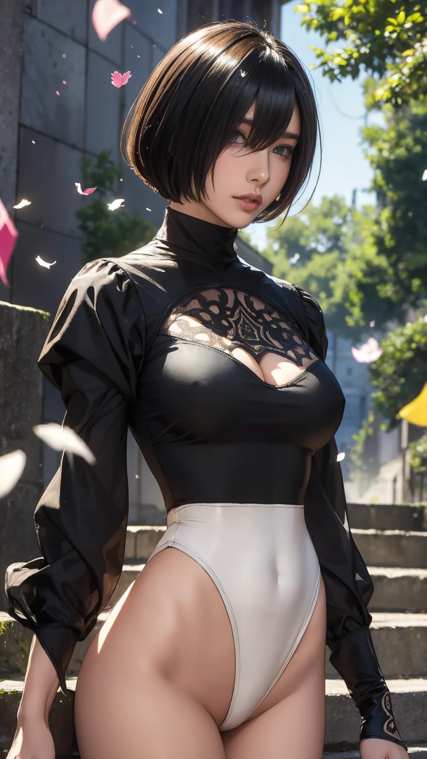 Highest quality, Official Art, masterpiece, Fabric Shading, High resolution, Very detailed, colorful, Best details, Fantasy, suit, 1 female, Age 25, Black Hair, short hair, Up bang hair, One Length, Highest quality, Official Art, masterpiece, Fabric Shading, High resolution, Very detailed, colorful, Best details, Fantasy, 2b leotard,1 female, 2, Standing on the stairs, A castle town with an old castle, sunny, Random Hair, Large Breasts, skinny, Surrounded by a lot of people:1.9, Confetti falling, Blessed, Welcomed:1.5, Camel Toe:1.3, Ground level shot:,