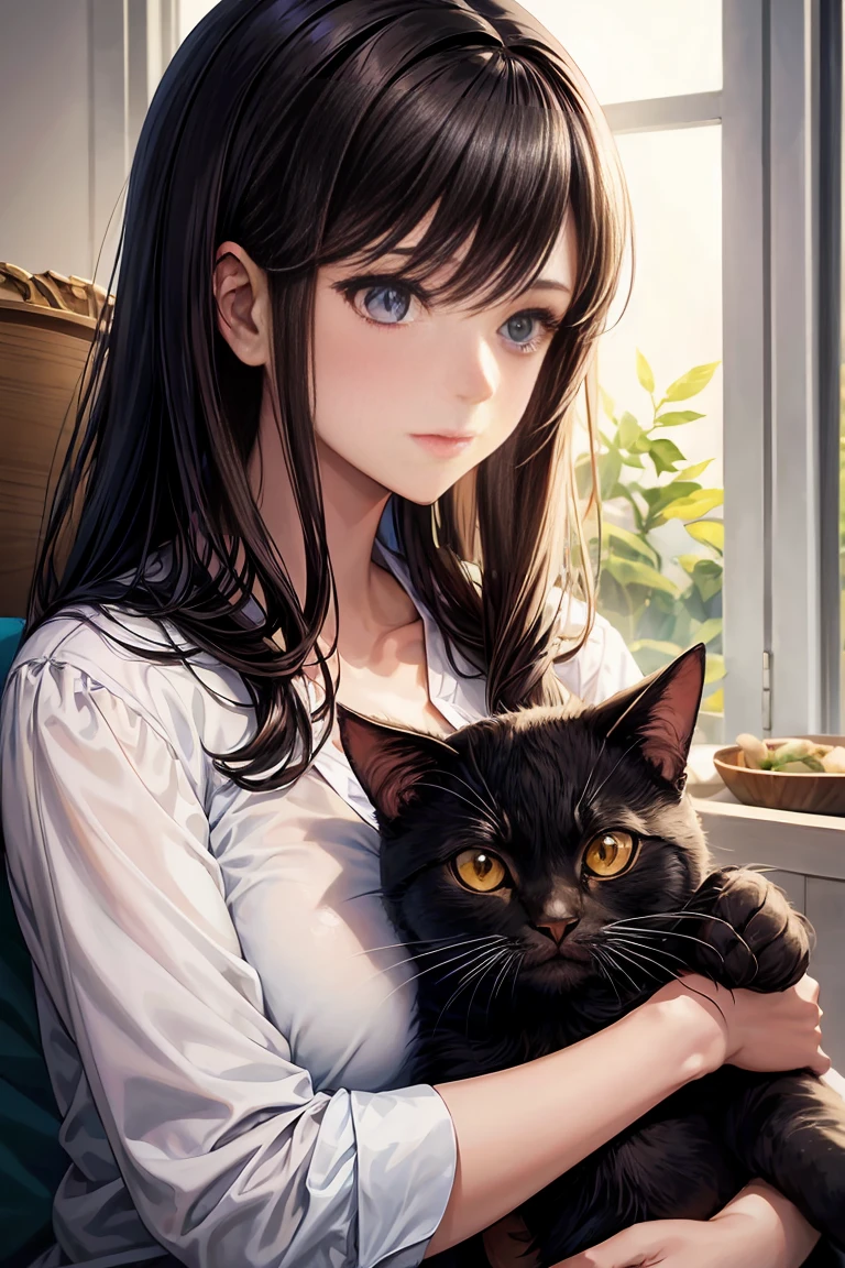 top-quality、Girl holding a black cat、Realistic people:1.5、Black cat、Natural look、longshot、Natural light