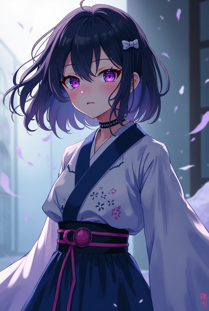 (masutepiece, Best Quality:1.2), Cowboy Shot, Solo, female focus, 1girll, Rukia Kuchiki,slight smile, Looking at Viewer, Black hair, Purple eyes, komono, Black kimono