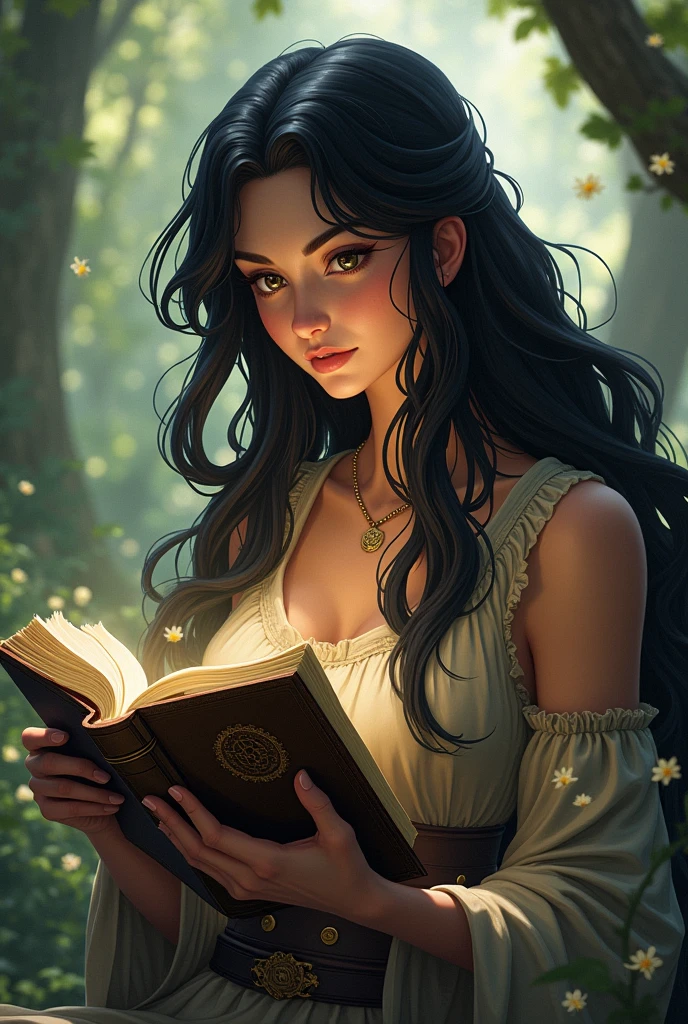 Femme belle chrétienne gitane brune cheveux long avec un livre écrit bible dessu dessin animé