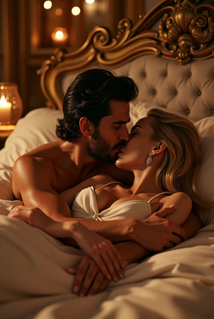 illustrates a 50-year-old king bare-chested on his honeymoon with his wife in bed