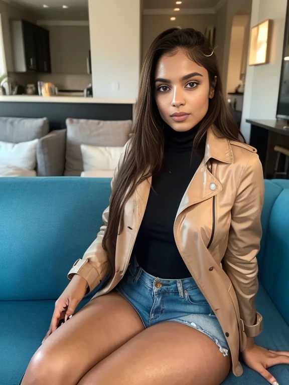 flirty 1 hindus girl, Banni, inside a coffe shop, sitting on a couch, legs towards camera, hands on couch, Golden Locks hair, detailed freckles, brown eyes, thicc thighs, posing in Amsterdam, modeling, wearing turtleneck, trench coat, tight denim shorts, black gloves,scarf, The image, realistic hyper-detailed photo captured in stunning Ultra HD, 8k resolution, Nikon D850, — style raw — c 10 — ar 2:3 — s 250V