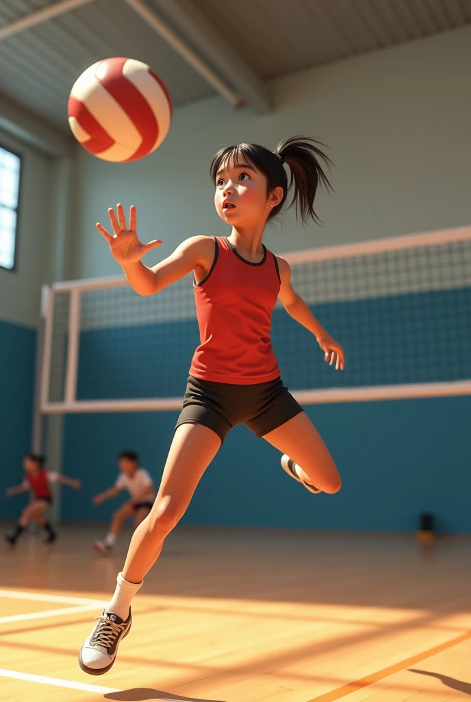 11 year old girl playing volleyball wearing knee pads.