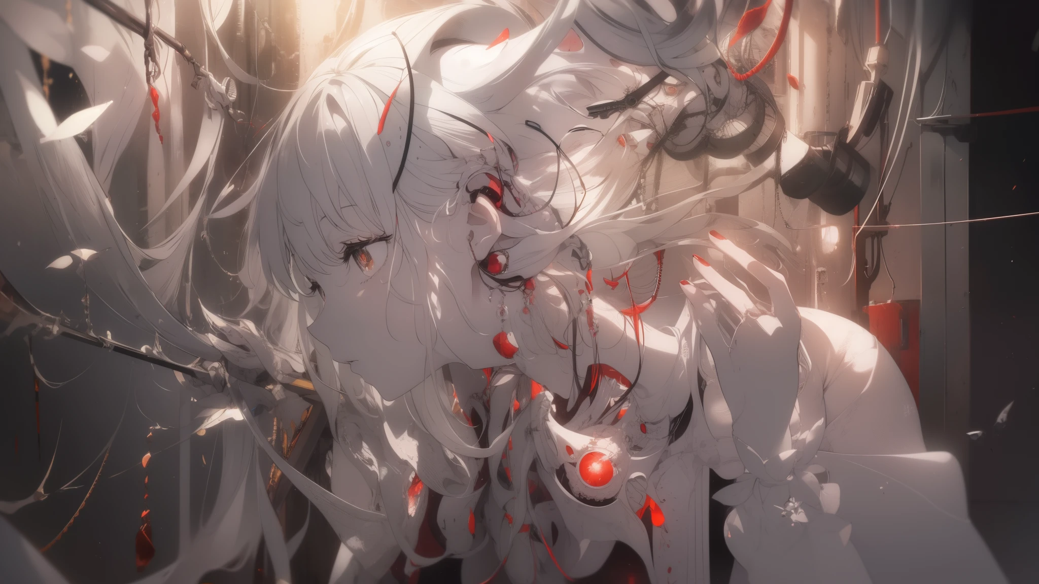 (Masterpiece, top quality, best quality, official art, Beauty and Aesthetics: 1.2), (1 Girl: 1.3), Very Detailed, Colorful, Most Detailed ((Super Detailed)), (Highly Detailed CG Illustration), (Very Delicate and Beautiful), (From the Front), Cinema Light, ((1 Mechanical Girl)), Single, Complete, (Machine-Made Joints: 1.2), ((Mechanical Limbs)), (Many Mechanical Tentacles), (Tied), (True), (real breasts), (real, (exposed), ((mechanical cervical vertebrae attached to his neck)), (expressionless), (wires and cables connected to the neck: 1.2), (wires and cables connected to the head: 1.2) (character focus), science fiction, black background, (mucus: 1.5), (((lying on back)))