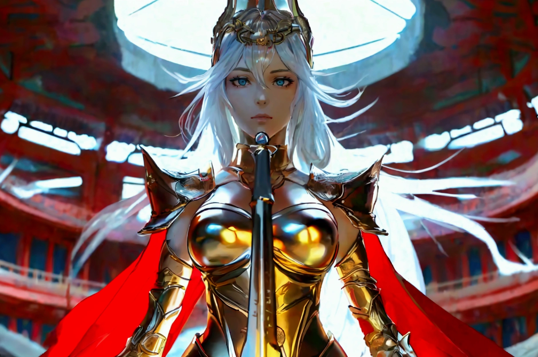 Highest quality,8k,masterpiece,Nike, Goddess of Victory, One Woman,Voluptuous body,Perfect Anatomy,Silver long hair,Beautiful Eyes,Large Breasts,glare,nsfw,M-shaped legs,scarletg, bodysuit, headpiece, shoulder armor, half-skirt, belt, asymmetrical legwear, sheath,Inside the base,Hold the sword