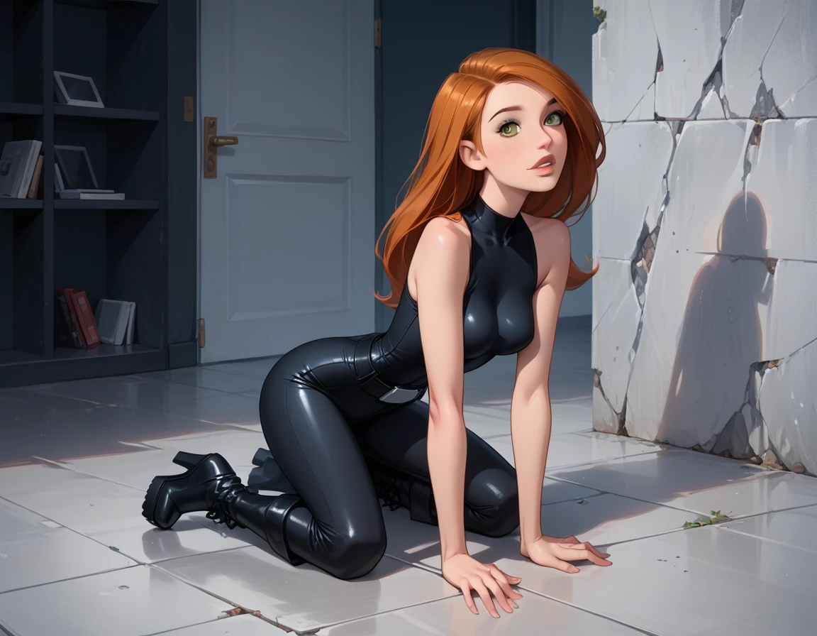 cinematic film still, solo, 1girl, BREAK kim possible, narrow waist, perky breasts, black pvc catsuit, black utility belt, sleeveless, wedge heel boots, BREAK high tech computer factory, sneaking around, crawling on hands and knees, bent over, beautiful, graceful, elegant, BREAK beautiful scene, BREAK highly detailed, detailed eyes, detailed face, absurdres, 4k, masterpiece, best quality.