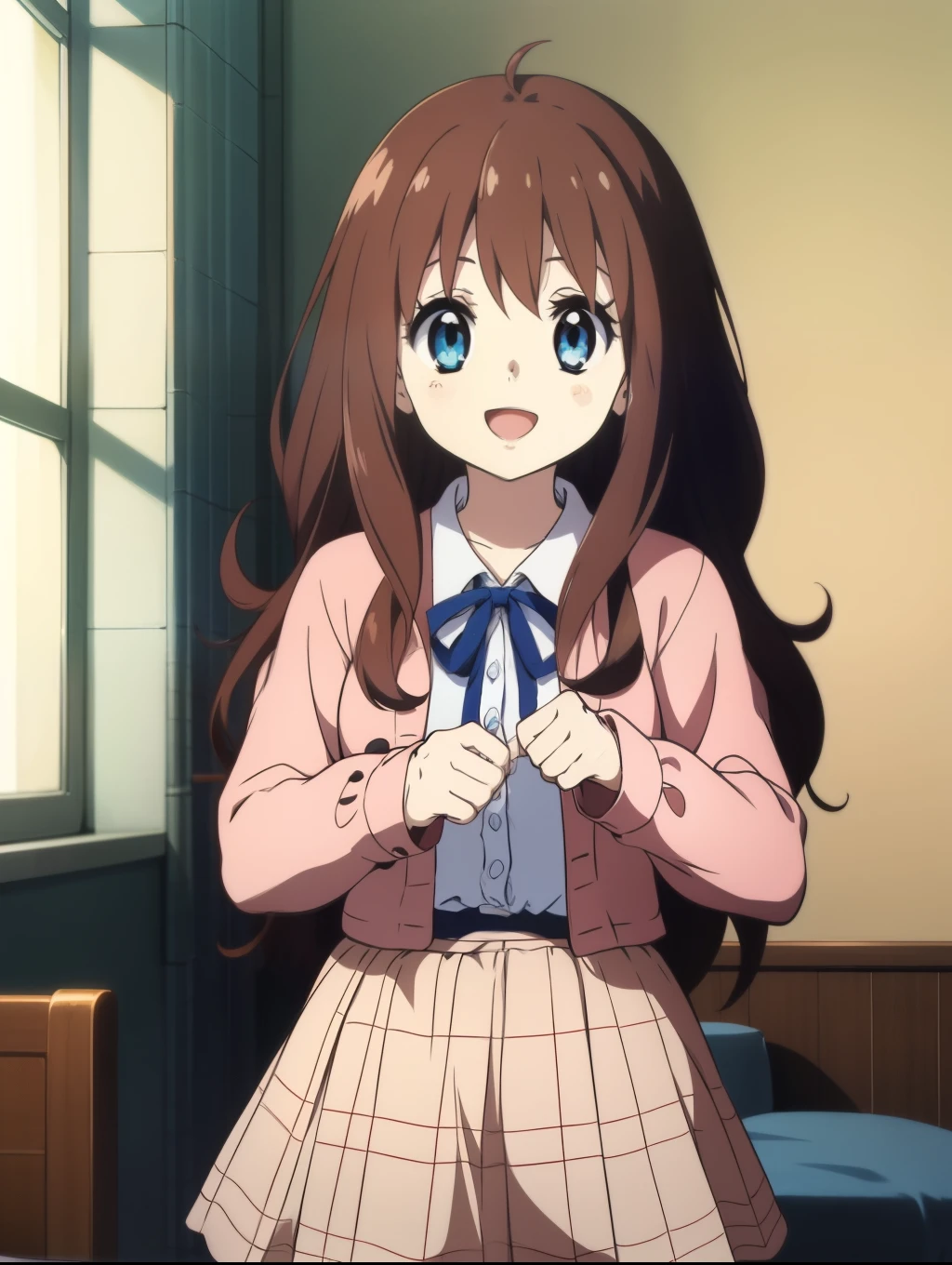 Ai shindou, 1girl, solo, long hair, floating hair, blue skirt, blue uniform, brown hair,  long sleeves, blue sea eyes, plaid, open mouth, smile, plaid skirt, ribbon, cowboy Shot,
home in the room,
masterpiece, high quality, very_high_resolution, large_filesize, full color,