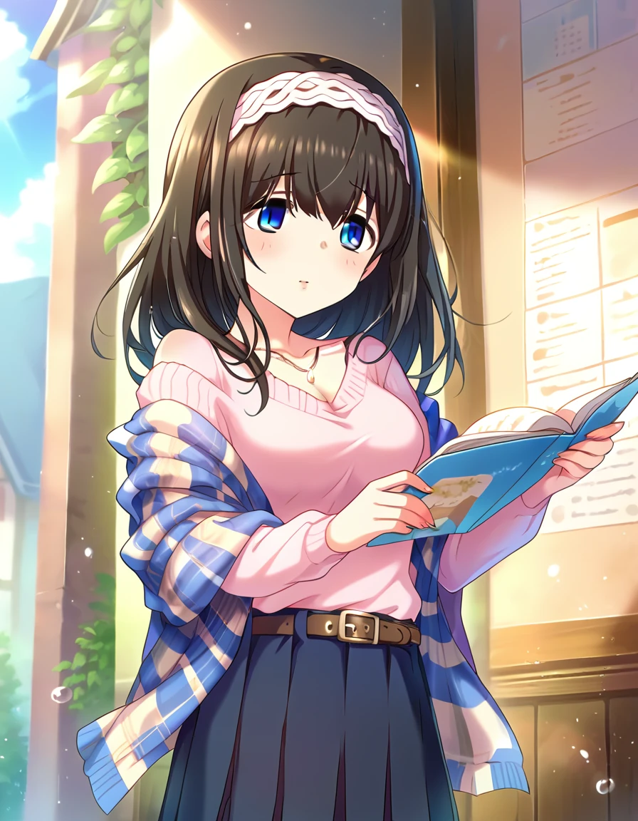 score_9, score_8_superior, score_7_superior, sauce_anime,
One girl, Cute Woman, alone, shy, Standing, Reading a book, indoor,  
 sgswfmk, Long Hair, Brown Hair, Black Hair, Long Bangs, (目のsuperiorの髪:1.1), blue eyes, Large Breasts, White hair band,blush，Cleavage，Sensitive，Browsing Caution，blush，Put your chest close，
Detailed eyes,  jewelry, necklace,Casual Dresses,  sweater,  Off the shoulder, clavicle,  Long sleeve, Pleated skirt, belt, pantyhose,  Checked shawl,Fluttering in the wind，stroke your hair with your hand，