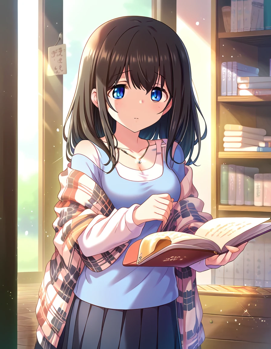 score_9, score_8_superior, score_7_superior, sauce_anime,
One girl, Cute Woman, alone, shy, Standing, Reading a book, indoor,  
 sgswfmk, Long Hair, Brown Hair, Black Hair, Long Bangs, (目のsuperiorの髪:1.1), blue eyes, Large Breasts, White hair band,blush，Cleavage，Sensitive，Browsing Caution，blush，Put your chest close，
Detailed eyes,  jewelry, necklace,Casual Dresses,  sweater,  Off the shoulder, clavicle,  Long sleeve, Pleated skirt, belt, pantyhose,  Checked shawl,Fluttering in the wind，stroke your hair with your hand，