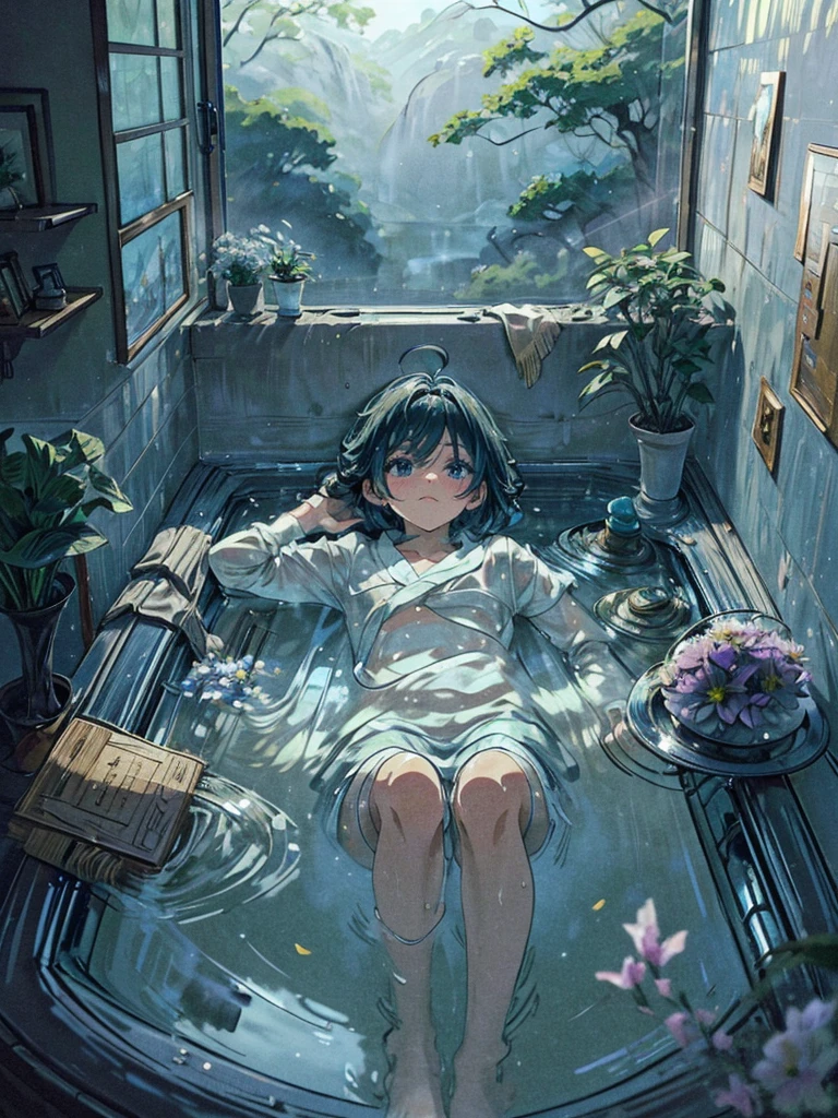 masterpiece:1.2, 8k, (Highest quality,Very detailed,Realistic:1.37),One Boy, Soft Light, bathroom,Boy taking a bath,Only one shirt on,Clothes are open,Skin showing through a wet shirt,Shirt with all the buttons open,Long sleeve,Black Hair,Blue Eyes,Has lower eyelashes,Crystal clear water,On the water,Lying down,Beautiful crystals growing from the floor,I scattered freshly picked flowers in the bathtub.,Wet floor,Wavy,A fantastic atmosphere,Bright crystals,High resolution,超High resolution,The light shines through,The light shines on the boy, the rest is in shadow,Shadowed white wall,The white bathtub contrasts with the vibrant quartz.,Pay close attention to detail,Colorful bokeh background,An aura of serenity and peace,Perfectly captured the beauty of the unseen,Artistic and fascinating composition,A playful and whimsical atmosphere,Resort,Resortホテルの風呂,Calm and cozy atmosphere,Carefully hand-painted crystals,Perfect realism with just a little bit of the floor visible,Professional Lighting,The time is noon,The only furniture is a bathtub, a shower, and a window.,Moderate humidity.