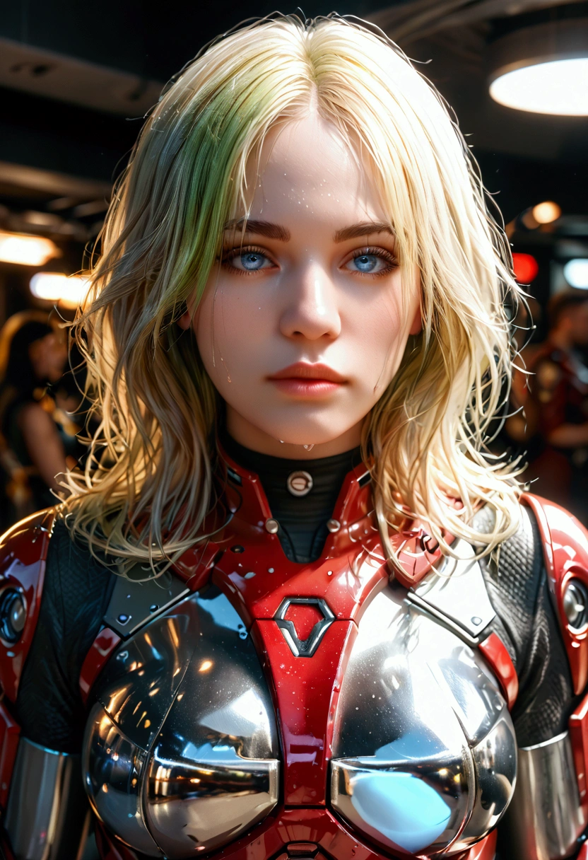 Billie Eilish as Iron Man, bustling street, (inspired by Mass Effect), Iron Man suit, safety rating, breast enlargement, fat buttocks, leather pants wrapped around hips (8k, foto raw, photorrealistic: 1, 25), (lots of lip gloss, lots of eyelashes, best qualityer, ultra high resolution, Depth of field, Chromatic aberration, broad light, natural color, distant images (1:2), girl, iron man armor, sexi, combat stance, highly detailed, vibrant appearance, creative behavior, imaginative, sensual, spontaneous, Billie Eilish, sexy, armor doesn't cover everything, face reveal, body parts reveal, highest quality, skin texture, intricate details, (cinematic lighting), RAW photo, 8k, masterpiece,best quality,ultra-detailed,very detailed illustrations,extremely detailed,intricate details,highres,super complex details,extremely detailed 8k cg wallpaper, Highest quality　8k Iron Man Suit Girl　　Sweaty face　cute　blonde hair　　Steam coming from the head　My hair is wet with sweat  , iron man suit red orange grey and blue lights