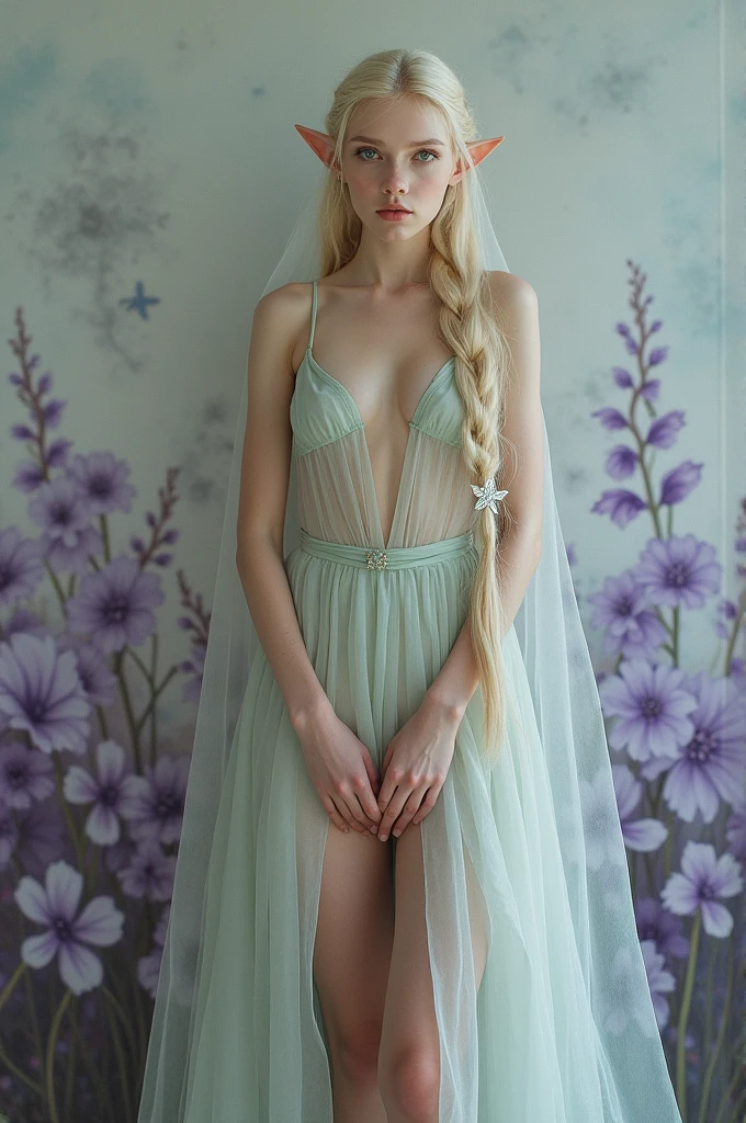 Hyper-realistic photo of a professional model with pale skin posing for a fashion photoshoot. Beautiful model in transparent floral lace night short dress, slender figure, beautiful large breasts, covered in transparent veil, lots of body exposure, full body image facing forward, fantastical painting-like image, silver hair, white translucent skin, long false eyelashes, sitting on a chair facing forward with legs apart, facing forward and legs apart to show crotch , green pastel transparent floral lingerie, glass high heels,