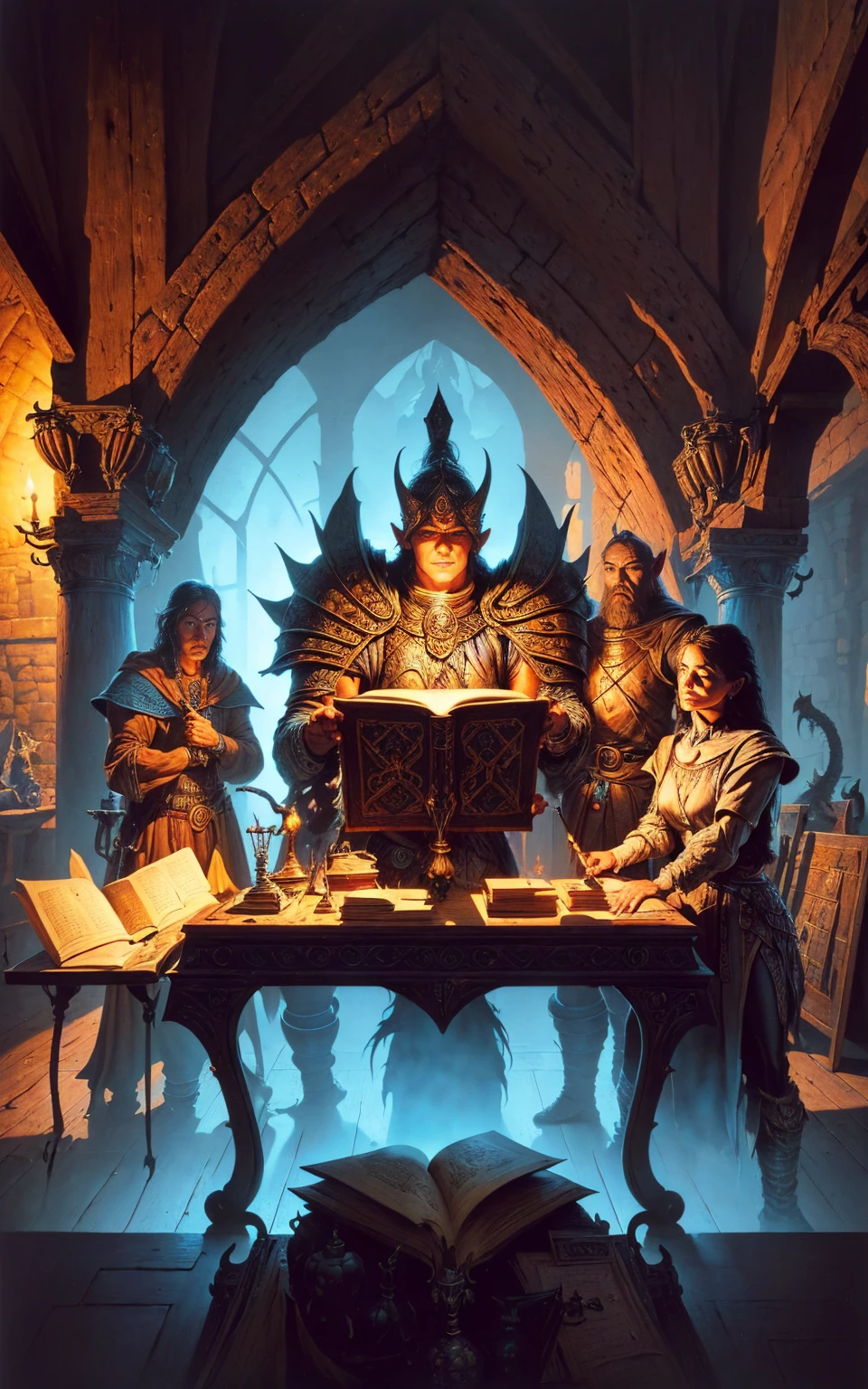 d&d,dungeons & dragons, group of people, RPG medieval,(((work of art))), (((best qualityer))),ultra-high resolution, caustics, detailded, (Beautiful detailded Eyes),Perfect Anatomia, table with books, livro detailded.