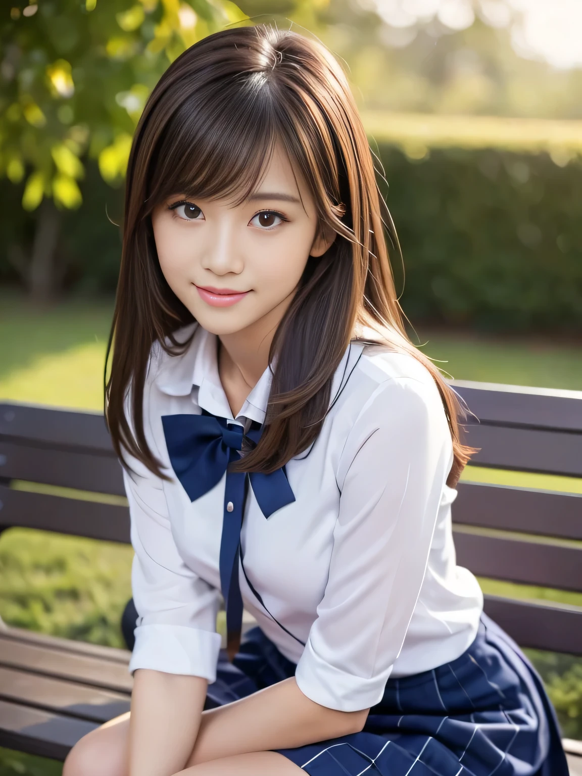 (Detailed Skin:1.2),(Glossy Skin:1.1), 8k, Top Quality, Masterpiece, Ultra High Resolution, (Photorealistic:1.4), RAW Photo, (Soft Saturation:1.3), Cute Japanese idol sitting on bench, navy blue school uniform, dark bow tie, traditional style navy blue blazer uniform, white shirt and plaid skirt for a formal look, black high socks, legs slightly open, Detailed Face, Perfect Female Body, Medium hair, asymmetrical bangs, Light brown hair, Very detailed face, Very detailed lips, Detailed eyes, Double eyelids bottom, smile,Full body shot, slender and stylish figures with beautiful facial features, natural light, relaxed pose, looking into the distance, calm atmosphere, shallow depth of field, clear focus on the subject, well-balanced exposure, beautiful woman with perfect figure:1.4, 