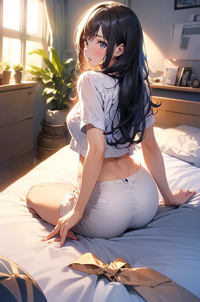 (((masterpiece, Highest quality, High resolution, 超High resolution, Pixel Perfect, Written boundary depth, 4K, RTTX 10.0, Human Development Report)))、((On all fours))、((Back view)),（Perfect Fingers）(both hands、Knees on the bed)（Attractive ass）（Accurate Fingers）blush,Embarrassed face、Open your mouth a little、Delicate hair、Detailed Hair）、（Attractive breasts、body）、ribbon、His white shirt is a little off.、Underwear peeking out from under a skirt、barefoot、Turning her back、Spread your legs（（I can see your pants））、On the bed、Sticking out her butt