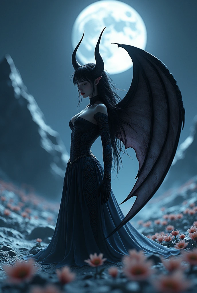 The image portrays a dark and mesmerizing scene, where a tall, seductive, and mature woman stands as the central focus. The illustration, created with the utmost care and attention to detail, captures the essence of a hauntingly beautiful vampire. Rendered in an astounding 8k resolution, every intricate detail comes to life, immersing the viewer in a world of dark enchantment.
The woman body exudes an alluring seductiveness, emphasized by the realistic and ultra-detailed rendering. The lighting and shadows, meticulously crafted, enhance the depth and realism of the image, bringing out the subtle nuances of the character's form. The high-resolution depiction captures the essence of a vampire's essence, with a touch of the supernatural and a hint of danger.
The character's bat wings unfurl majestically, evoking a sense of mystery and power, while bats gracefully fly around, adding to the magical ambiance. In the night setting, dark magical auras envelop the figure, their ethereal glow highlighting the supernatural nature of the character.
The dark theme is further amplified by the presence of a blood moon creating an atmosphere of foreboding. The image is set against the backdrop of a gothic-style castle, adding an additional layer of darkness and mystery.
To accentuate the vampire's allure, the image depicts shining red eyes, emanating a seductive and captivating gaze. A single blood drop adorns the character's body and eyes, symbolizing their connection to the essence of life. Blood splashes on the ground, further emphasizing the character's power and the danger they embody.
The captivating face of the character is beautifully rendered, featuring the Tyndall effect and high-detailed skin, adding a touch of realism to the image. The messy hair contorted in an alluring manner, adds to the character's captivating presence, It is a miracle fit pretty woman , Organza clothes, no underwear
