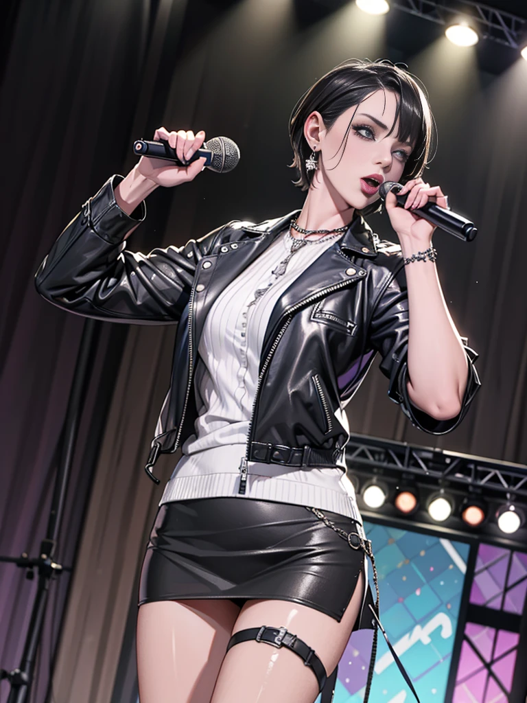 1，Black short hair，Photorealism，detailed，masterpiece， (Lean), Young Girls，Short leather skirt、Dark leather jacket，1，aldult, (Punk Girl)，Earrings、Lip Studs，Dark eyeshadow，high quality，Playing purple bass，band playing，microphone，High resolution 4K information,stage，Cold，Gorgeous lighting