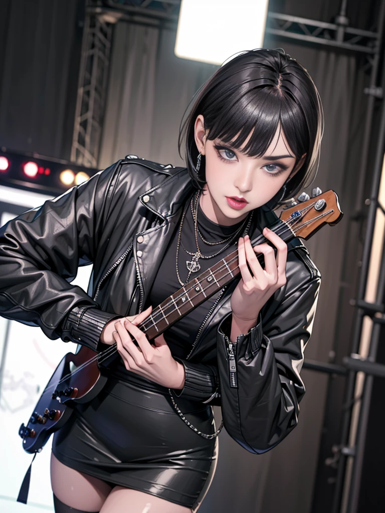 1，Black short hair，Photorealism，detailed，masterpiece， (Lean), Young Girls，Short leather skirt、Dark leather jacket，1，aldult, (Punk Girl)，Earrings、Lip Studs，Dark eyeshadow，high quality，Play bass，band playing，High resolution 4K information,stage，Cold，Gorgeous lighting