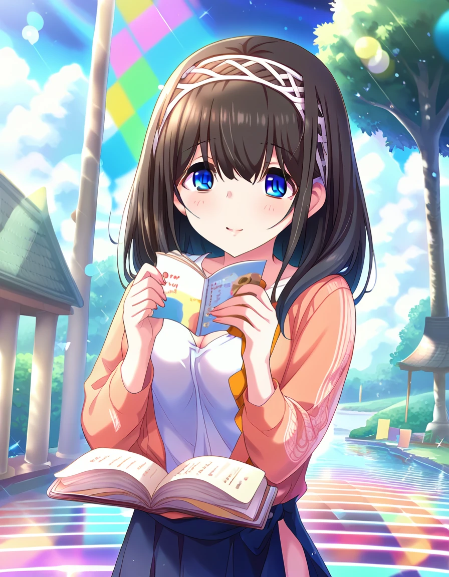 score_9, score_8_superior, score_7_superior, sauce_anime,
One girl, Cute Woman, alone, shy, Standing, Reading a book, Outdoor，
 sgswfmk, Long Hair, Brown Hair, Black Hair, Long Bangs, (目のsuperiorの髪:1.1), blue eyes, Large Breasts, White hair band,blush，Cleavage，Sensitive，Browsing Caution，(((samba，psychedelic，)))Detailed eyes, smile，Spread your legs wide，Passionate， 