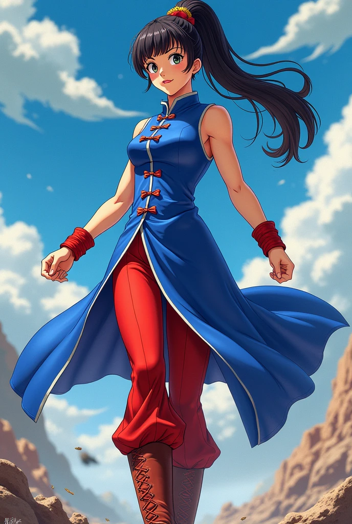 1 girl, long black hair with a ponytail (avatar style), red eyes, beautiful, light skin color , wide shoulders, thin waist, medium breasts, defined thighs, thin, defined lean , showing abs ,wide hips, medium ass, avatar style, dark red tank top from the fire nation (avatar), long skirt(avatar style), showing the thigh , striking with the legs, kicking an opponent, kicking in the air