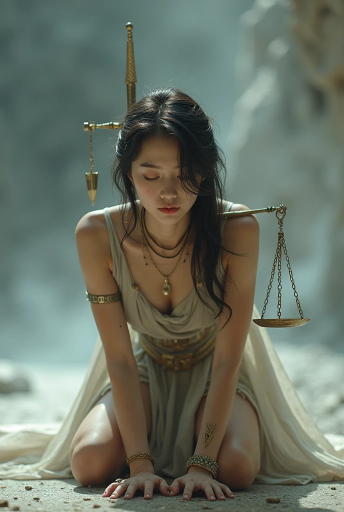 a sacrificial virgin woman, distressed expression, flower body decorations, beautiful detailed face and eyes, long eyelashes, airy sheer white dress, chained ankles, on a sacrificial nook on a cliffside, an eldritch beast with a slime blob body and many mouths approaching, dramatic lighting, dark moody atmosphere, cinematic composition, fantasy, dark fantasy art, muted color palette, chiaroscuro lighting, photorealistic, highly detailed, masterpiece
