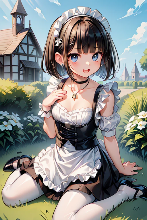 Girl posing for a photo, animeのcute女の子, ((One Girl)), ((Baby Face:1.5)), ((cute:1.5)), 
break 

#Clothing Accessories 
(((Black and White)Gothic-style maid outfit) : elegant + (Gathered skirt) + Gothic Fashion + Dark Gothic + (Black corset) + ((Black and White)Head ornament) + (White apron)), (Low denier black pantyhose:1.4), (Black high heels), (White headband), 
(Red earrings), ((Fancy Necklace)), 
break 

#Features 
((Black Hair:1.2)), ((blunt bangs:1.3)), ((Bob Cut Hair) : Short back hair + Voluminous Hair + Straight back hair), 
(Droopy eyes:1.4), (Big eyes:1.1), (blue eyes), 
((Small breasts)), 
break 

#background environment 
((noon, Western-style building + garden + grass, blue sky)), 
#Facial Expression Pose  
((Laughing with mouth open:1.4)), ((wariza:1.5)), ((hand between legs)), 
#composition 
((Angle from the front)), ((Character Focus)), ((Cowboy Shot)), 
break 

#Body parts elements 
(Slim figure), (Symmetrical facial features), 
(Detailed Hair), (Beautiful Hair), (Shiny Hair), 
(double eyelid), (Long eyelashes), (Thin eyebrows:0.5), 
(Shiny eyes), (Detailed eyes), (Beautiful Eyes), (Delicate eyes), (Perfect Eyes), (Sparkling eyes), (Eye Reflexes), (Glitter Eyeliner), 
(Human Ear), 
(Beautiful Nose), (Thin Nose), 
(Glossy Lips), (Beautiful Lips), (Thick lips), 
(Detailed skin), (Fine skin), (Beautiful Skin), (Oily skin), (Glowing Skin), 
break 

#quality 
(((最高quality)), ((masterpiece:1.3)), ((Very detailed))), ((Ultra-high resolution)), ((16K)), ((1080P)), ((Full HD)), 
(Anatomically correct), ((Realistic)), (3DCG), ((oil)), 
((comics, anime)), (CG illustration), (RAW Photos), 
