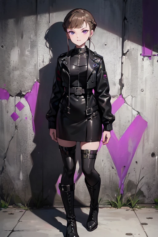 (nice with you), short hair, Braided hair, Brown Hair, Purple eyes, bangs, woman, alone, Gothic, Black leather jacket, race, safety pin accessories, Hard makeup, Long boots, mysterious, dark, Graffiti wall