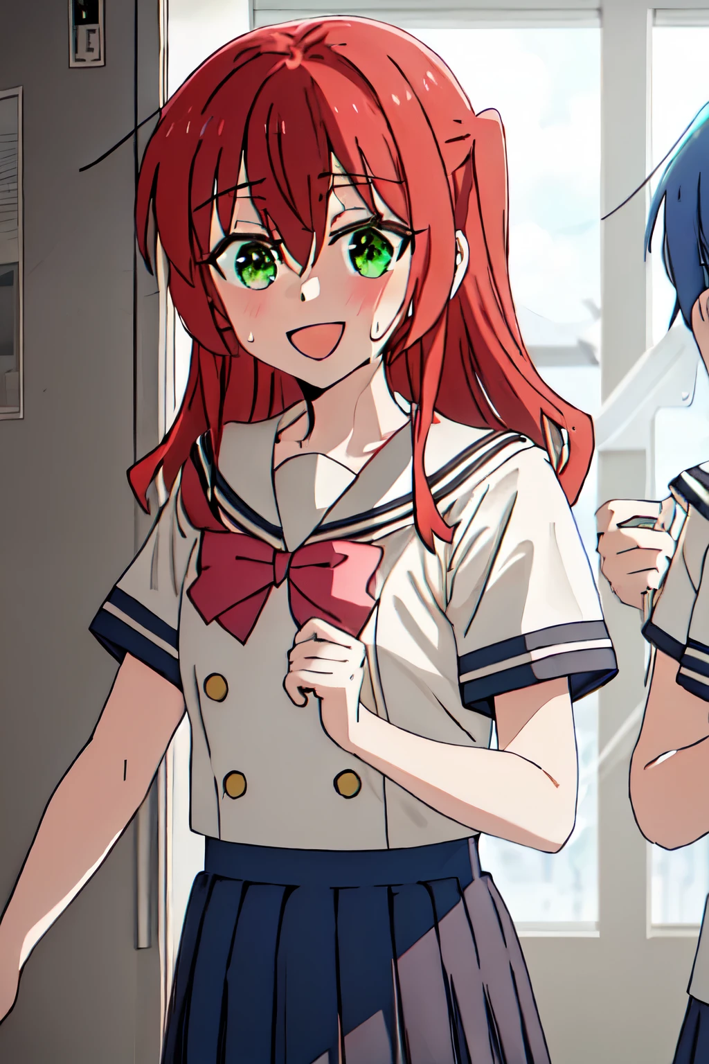 best quality, masterpiece, highres, solo, {kita_ikuyo_bocchitherock:1.15}, red_hair, long_hair, bangs, hair_between_eyes, one_side_up, green_eyes, smile, 1girl,with other girls, blush, indoors, looking_at_viewer, sailor_collar, school_uniform, sweatdrop, white_sailor_collar, window, parody, :d, curtains, open_mouth, sweat, blurry, blurry_background, locker room