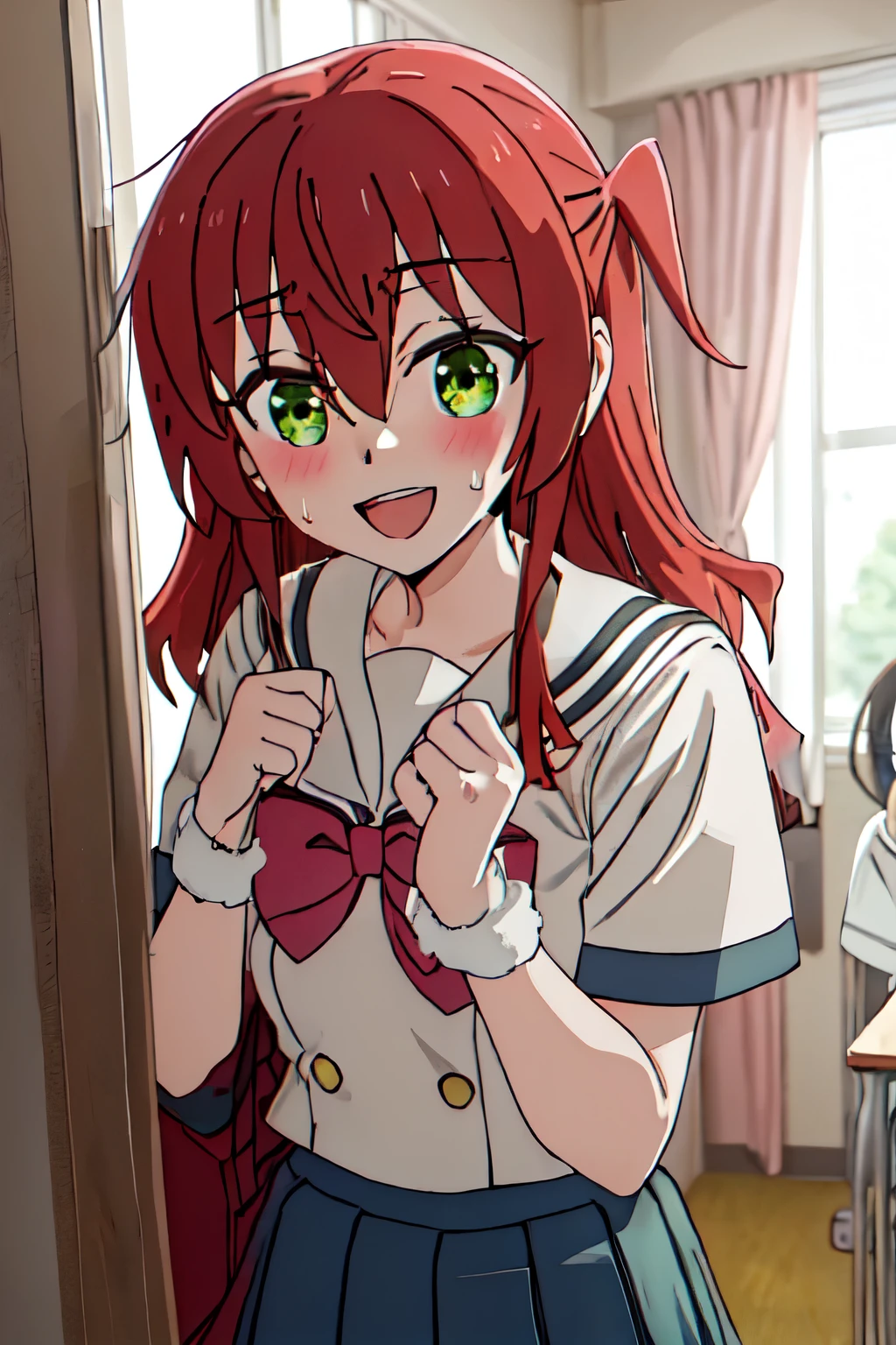 best quality, masterpiece, highres, solo, {kita_ikuyo_bocchitherock:1.15}, red_hair, long_hair, bangs, hair_between_eyes, one_side_up, green_eyes, smile, 1girl,with other girls, blush, indoors, looking_at_viewer, sailor_collar, school_uniform, sweatdrop, white_sailor_collar, window, parody, :d, curtains, open_mouth, sweat, blurry, blurry_background, locker room