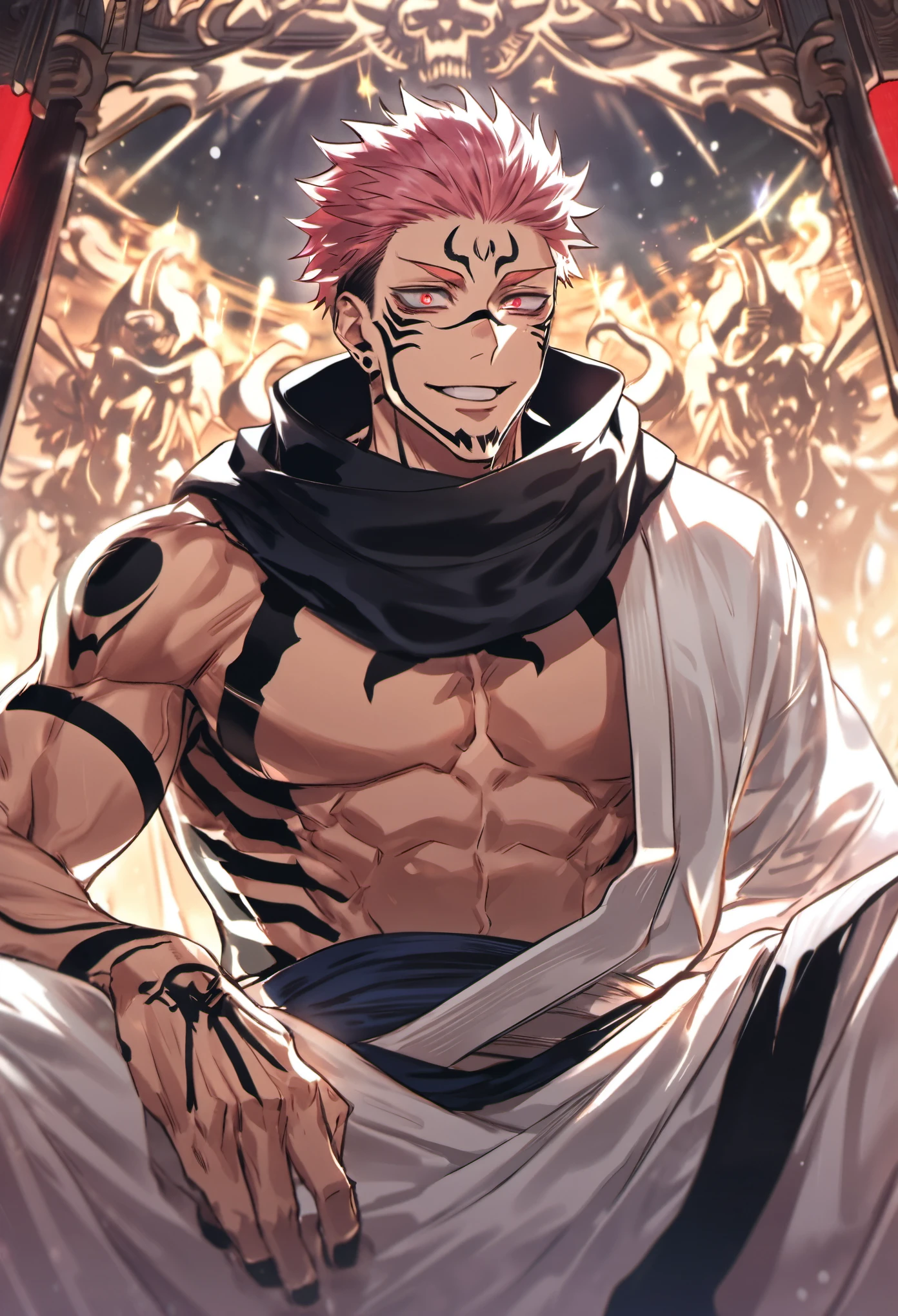 solo, Jujutsu Kaisen, Ryoumen Sukuna, handsome, manly, sexy man, expressive red eyes, pink hair, handsome smile, sadistic, black scarf, white kimono, fantasy, sparkling, sitting skeletons head, demon temple background, UHD, masterpiece, best quality, highres, super detail, anatomically correct, accurate