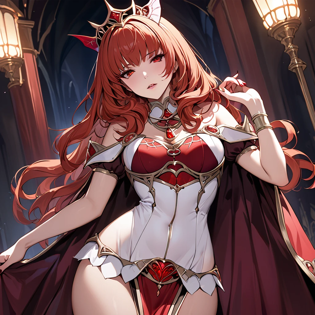 ((Highest quality)), ((masterpiece)), (detailed), （Perfect Face）The woman is Celica, she has red hair and is not human but a succubus.、The woman turns to evil and is reincarnated as a seductive and erotic succubus, becoming the evil queen who charms all.